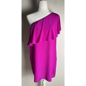 Lavender Brown 100% Silk Fish is Pink One Shoulder Ruffle Top Zip Lined Sz M USA